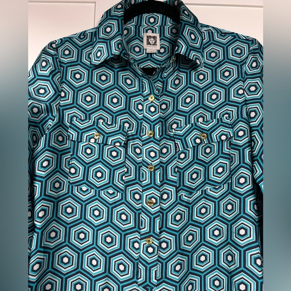 Anne Klein midi dress, S, Blue Geometric Pattern Sheath, gold accent, Groovy - Picture 10 of 10